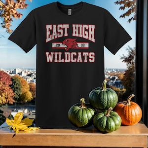 Può includere: Maglietta nera con una grafica bianca che dice "East High Wildcats" con una mascotte rossa e i numeri "20" e "08" sulla grafica.