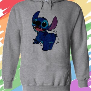 May include: A gray hooded sweatshirt with a blue cartoon character of Stitch from Lilo & Stitch. Stitch is shown with his tongue sticking out and his arms raised.