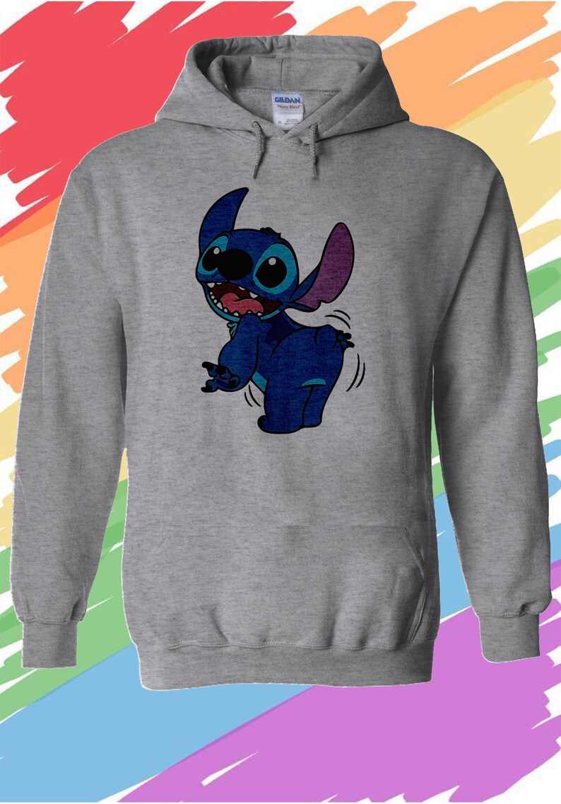 May include: A gray hooded sweatshirt with a blue cartoon character of Stitch from Lilo & Stitch. Stitch is shown with his tongue sticking out and his arms raised.