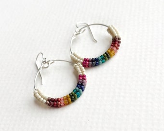 Small Rainbow Herringbone Circle Hoops - Handwoven seed bead earrings