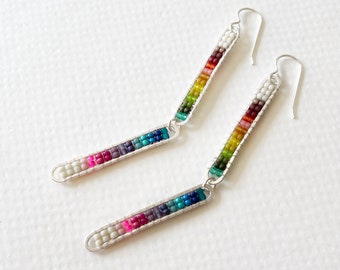 Rainbow Sticks - Handwoven seed bead + silver earrings