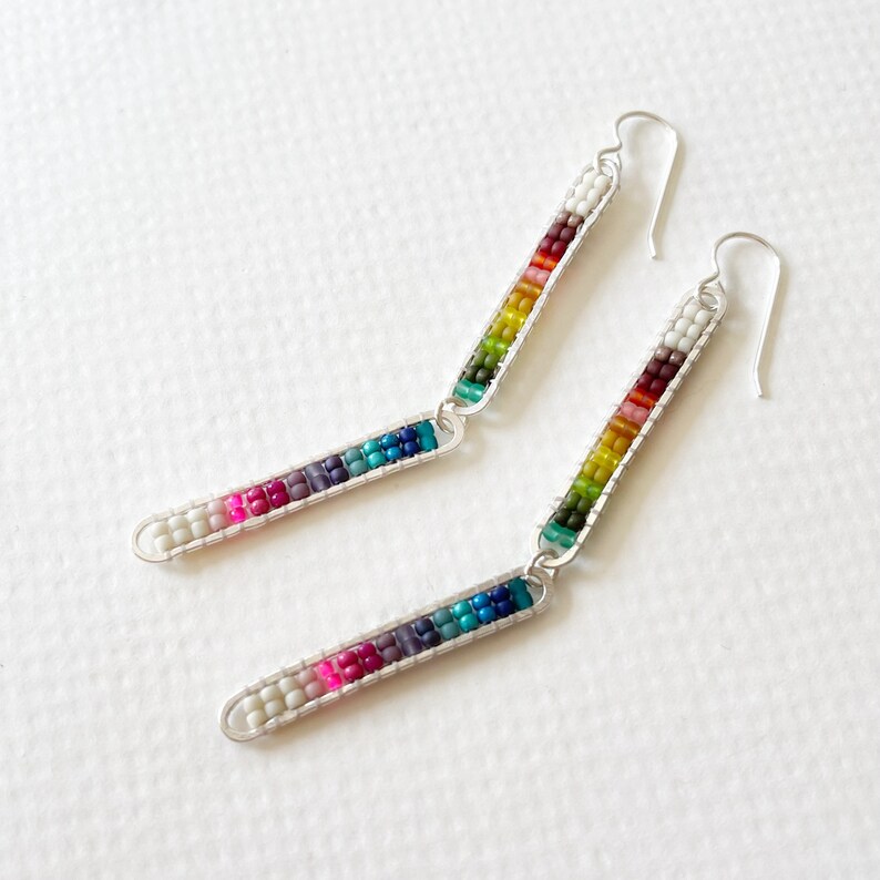 Rainbow Sticks Handwoven seed bead silver earrings image 1