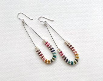 Rainbow Herringbone Drop Hoops (Small) - Handwoven seed bead earrings