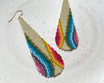 Autumn Rainbow Pinwheel EXTRA LONG Drop Earrings - Handwoven seed bead dangle earrings