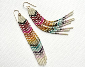 Autumn Rainbow Slim Fringes (Medium) - Handwoven seed bead fringe earrings