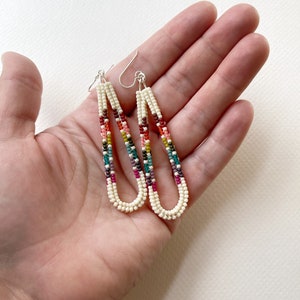 Rainbow Herringbone Drop Hoops Handwoven seed bead earrings image 1