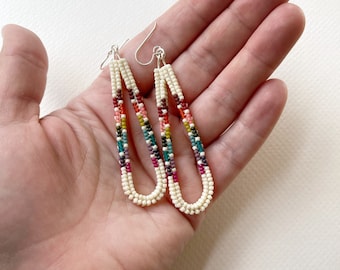 Rainbow Herringbone Drop Hoops - Handwoven seed bead earrings