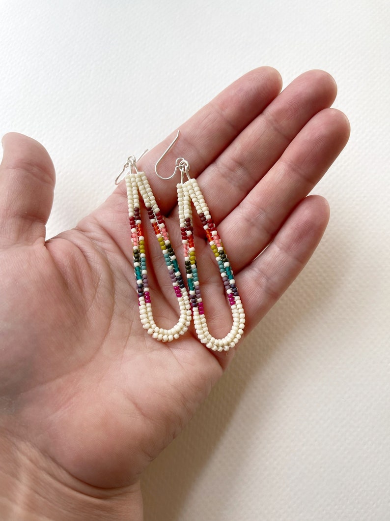 Rainbow Herringbone Drop Hoops Handwoven seed bead earrings image 1