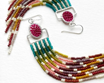 Magnolia Fringes - Handwoven seed bead fringe earrings