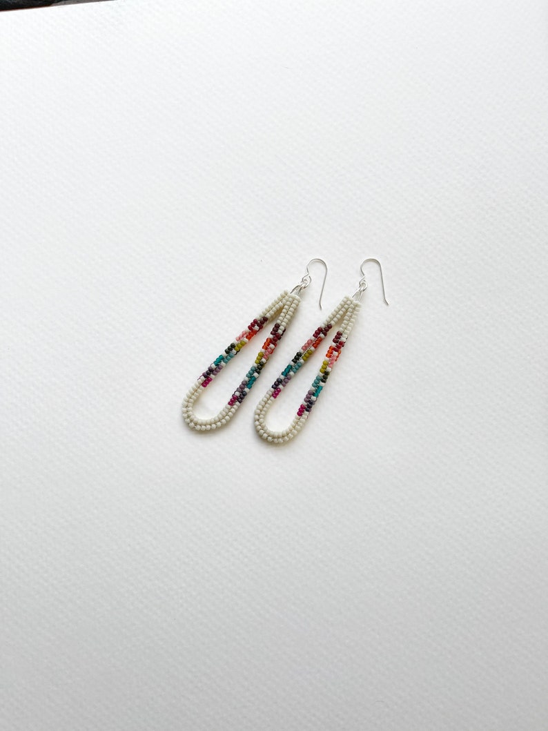 Rainbow Herringbone Drop Hoops Handwoven seed bead earrings image 3