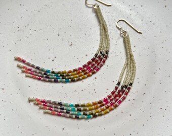 Autumn Rainbow Rainbow Barrel Fringe - Handwoven seed bead earrings