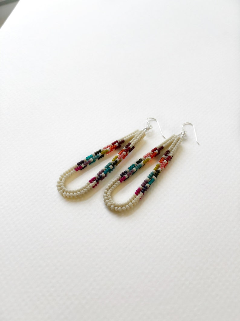 Rainbow Herringbone Drop Hoops Handwoven seed bead earrings image 2