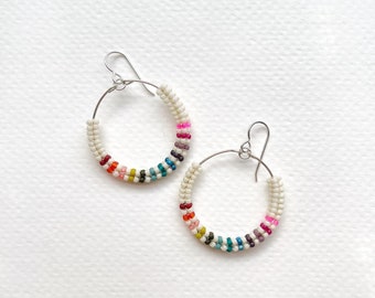 Large Rainbow Herringbone Circle Hoops - Handwoven seed bead earrings