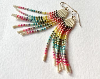 Summer Rainbow Slim Fringes (Small) - Handwoven seed bead fringe earrings