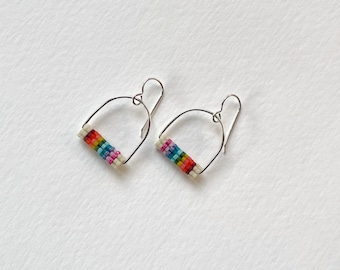 Summer Rainbow Mini Barrel Hoops - Handwoven seed bead + silver earrings