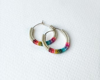 Rainbow Herringbone Hoops - Handwoven seed bead fringe earrings