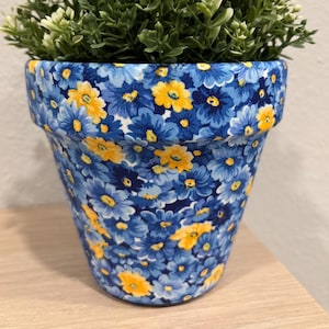 Blue and Yellow Daisies Fabric Decoupage Terracotta Plant Pot