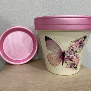 Romantic Butterfly Decoupage Hand Painted Terracotta Flower Pot