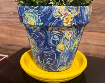 Starry Night Fabric Decoupage Hand Painted Terracotta Plant Pot