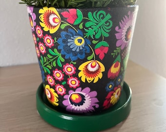 Folk art flower decoupage hand painted terracotta pot