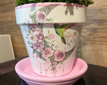 Hummingbirds on Roses Moon Decoupage Hand Painted Terracotta Plant Pot
