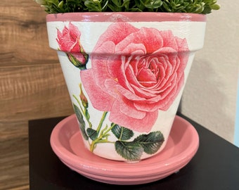 Pink Rose Decoupage Terracotta Plant Pot