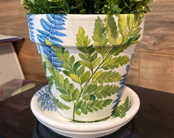 Green Blue Fern Leaf Decoupage Hand Painted Terracotta Plant Pot