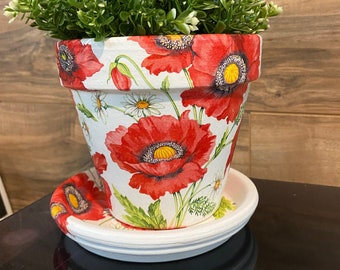 Red Poppies Decoupage Hand Painted Terracotta Plant Pot