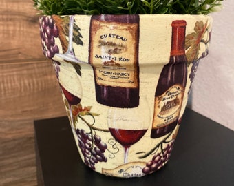 Wines and Grapes Decoupage Fabric Terracotta Plant Pot