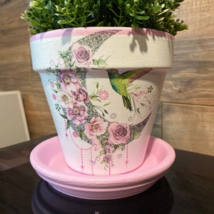 Hummingbirds on Roses Moon Decoupage Hand Painted Terracotta Plant Pot