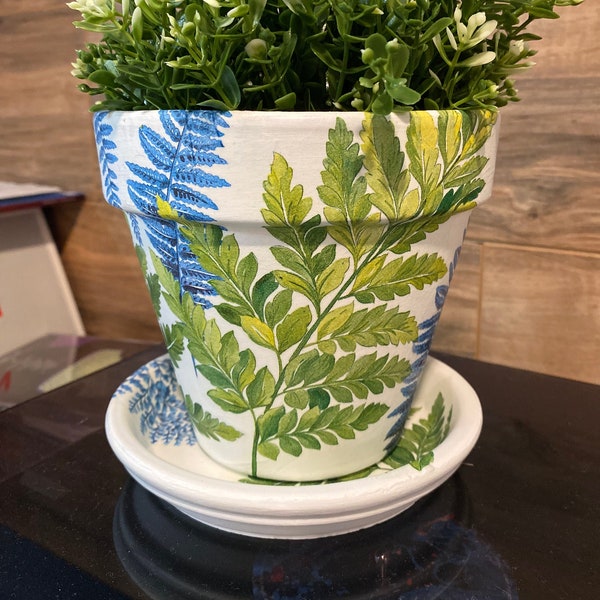 Green Blue Fern Leaf Decoupage Hand Painted Terracotta Plant Pot