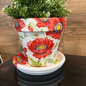 Red Poppies Decoupage Hand Painted Terracotta Plant Pot