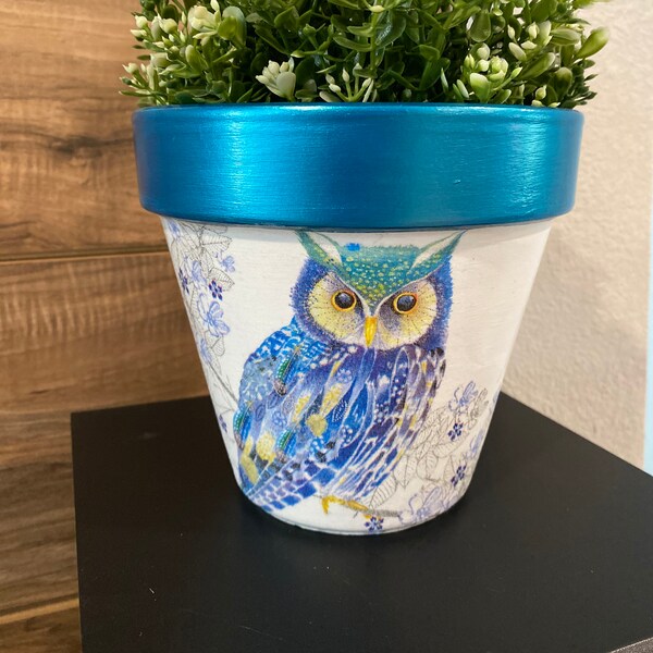 Owl Decoupage Maceta de Terracota Pintada a Mano