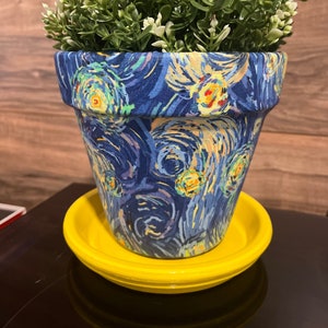 Starry Night Fabric Decoupage Hand Painted Terracotta Plant Pot