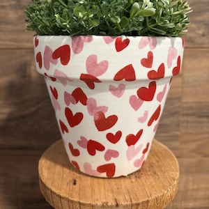 Pink Hearts White Background Fabric Decoupage Hand Painted Terracota Plant Pot