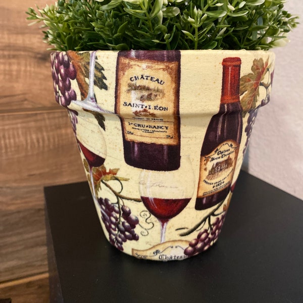 Wines and Grapes Decoupage Fabric Terracotta Plant Pot