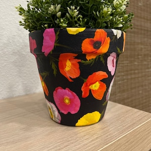 Colorful Poppies Black Background Decoupage Fabric Terracotta Plant Pot
