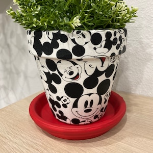 Mickey Mouse Fabric Decoupage Hand Painted Terracotta Plant Pot
