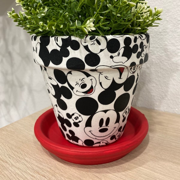 Mickey Mouse Fabric Decoupage Hand Painted Terracotta Plant Pot