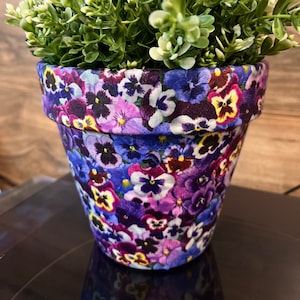 May include: A small potted plant with green leaves and white flowers in a purple and white floral patterned pot.