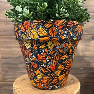 Monarch Butterflies Fabric Decoupage Hand Painted Terracotta Plant Pot