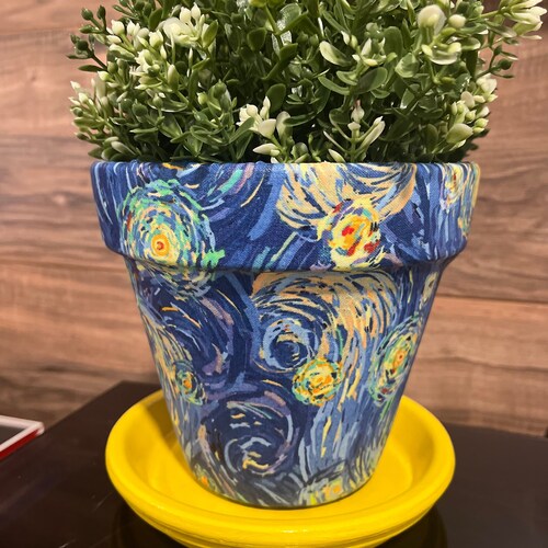 Starry Night Fabric Decoupage Hand Painted Terracotta Plant Pot