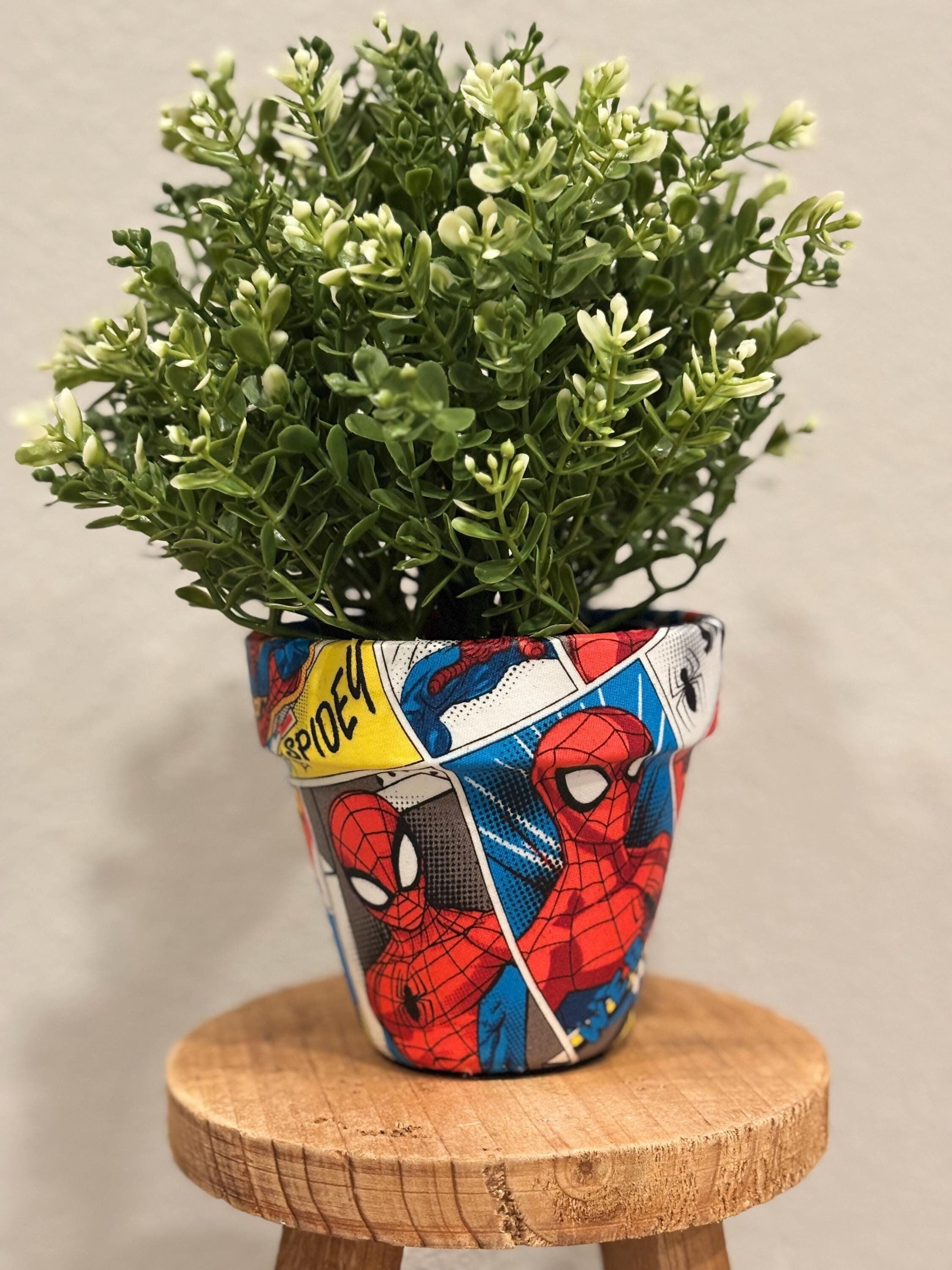 Spiderman Comic Decoupage Fabric Terracota Plant Pot