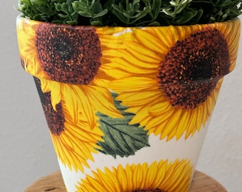 Sunflowers Decoupage Fabric Hand Painted Terracota Plant Pot
