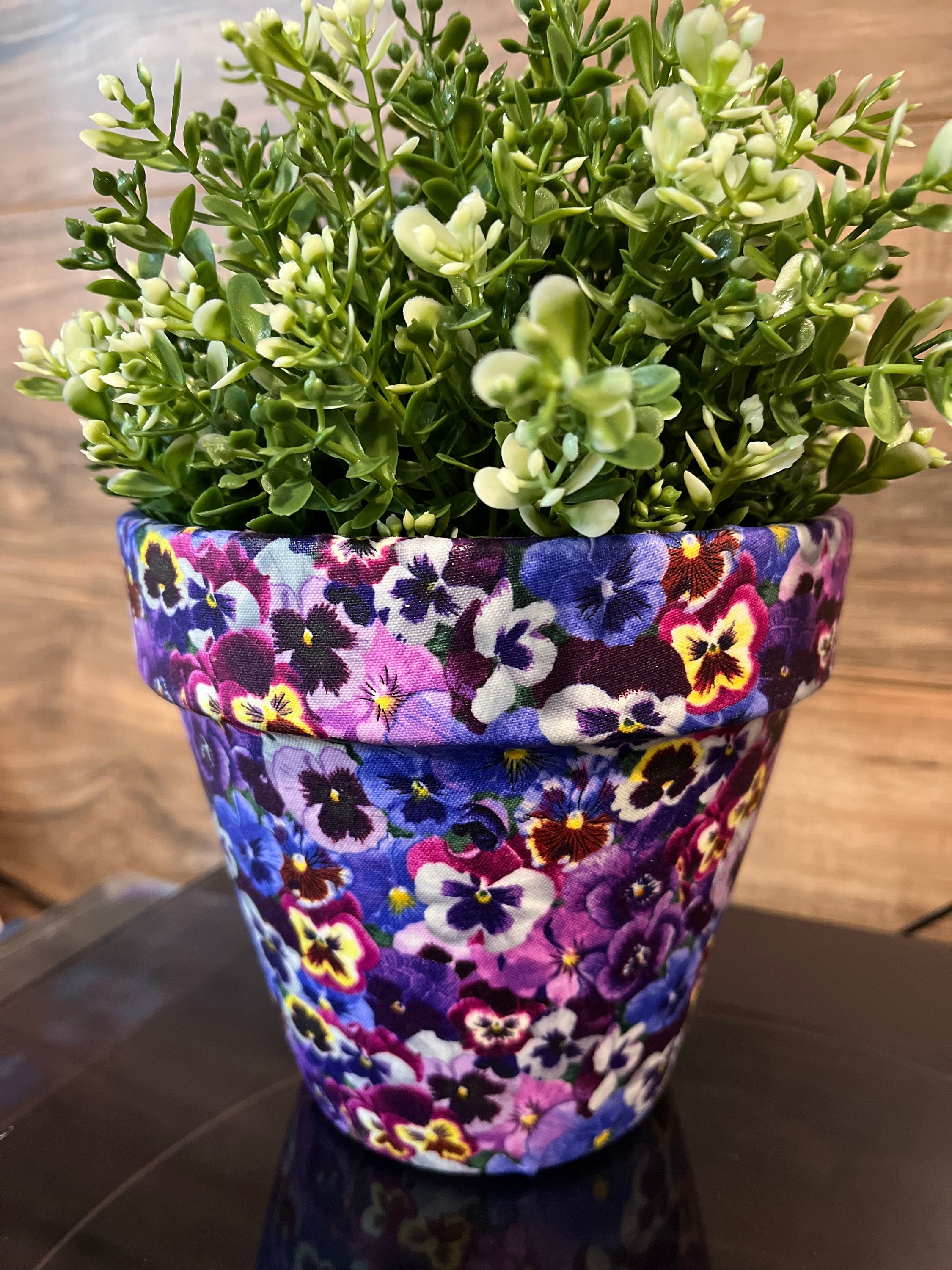 Purple Pansies Small Fabric Decoupage Pot Terracotta