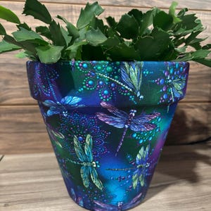 Dragonflies Fabric Decoupage Terracotta Plant Pot