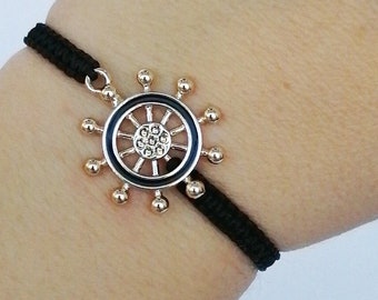 Silver Plated  ship helm macrame bracelet, Black enamel ship's rudder Bracelet, Dharma Wheel Bracelet, Gift for Sea Fan, Gift for Ship Lover