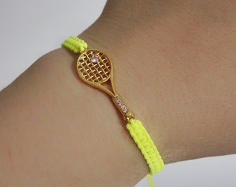 Tennis Racket Macrame Bracelet, Pink CZ Bracelet bangles, Tennis Racket Bracelet, Sport's bracelet Jewelry, Tennis Racquet, Love gift Tennis