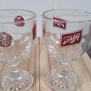Pair of Vintage Schlitz Beer Goblets | Thumbprint Glass Pedestal Mugs | Retro Barware