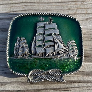 Vintage Sailing Ship Belt Buckle - Clipper Ship Nautical Theme - Detailed Metal & Enamel